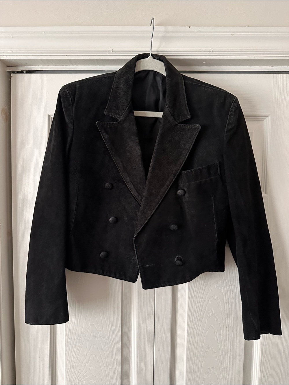Black Double-Breasted Suede Cropped Jacket